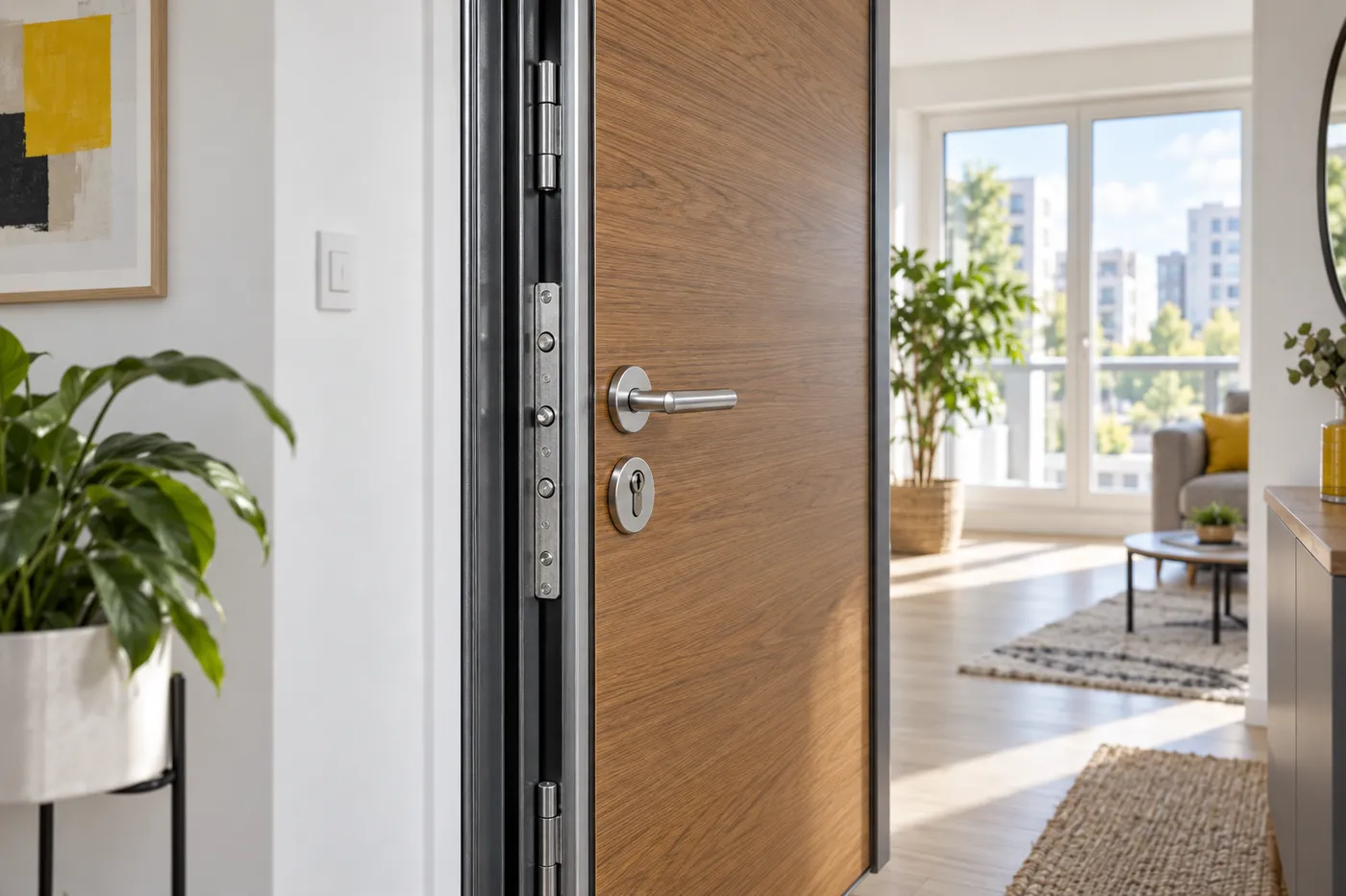 Porte d'entrée blindée avec cornière anti-pince côté paumelles dans un appartement lumineux